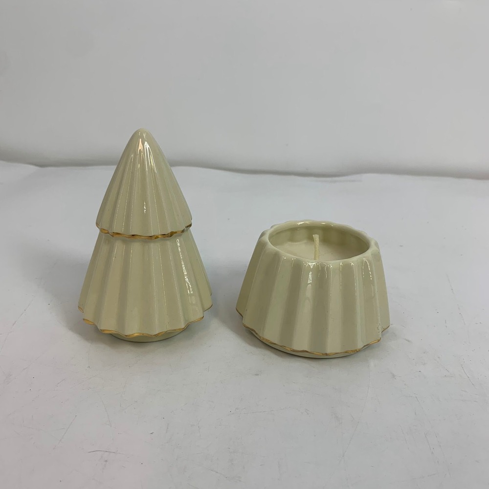 Ceramic Christmas Tree Candle Holder Gold Trimmed Holiday Decor - Picture 3 of 9